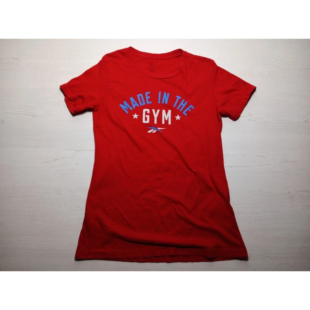 Reebok T-Shirt Womens Red Made In The Gym Short Sleeve USA Logo Top Size Small